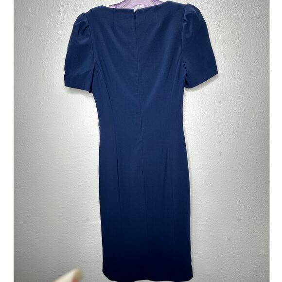 Michael Kors Navy Blue V-Neck Cap Sleeve Front Slilt Fitted Midi Dress 2 - Picture 5 of 14